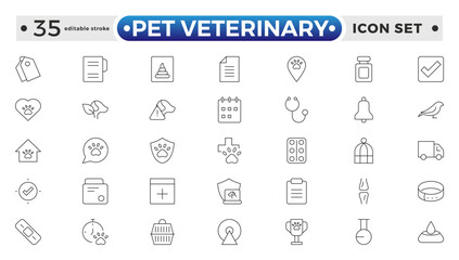 Set of line icons related to pet, care, veterinary, vet, and healthcare. Set of outline veterinarian icons. Animals veterinary icons. Pet and Vet Line Icon Set. Editable stroke outline icon. 