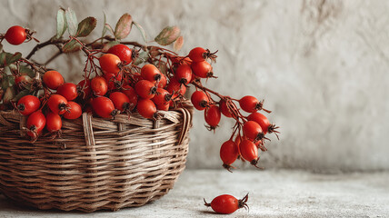 woven wicker basket overflowing with vibrant wild rosehips evokes rustic charm