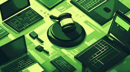 Gavel and Laptops in Green Pixel Art