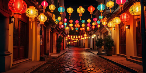 Obraz premium A cobblestone street illuminated by colorful lanterns at night, creating a festive and vibrant atmosphere.