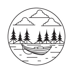 Hand drawn circular landscape with pine forest lake and boat in simple monochrome vector style