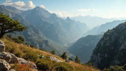 Obraz premium Panoramic midday scene of Montsec Range with sunlit peaks and clear skies.