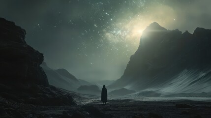 Fototapeta premium A lone figure in a mysterious landscape under a starry sky. Mountains loom large as the light breaks through the darkness of the night.