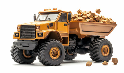 Yellow dump truck, tires, carrying load of cubes. Isolated, clean. Good detail