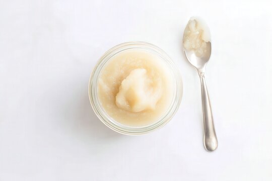 Glass jar of applesauce with metal spoon on white background
