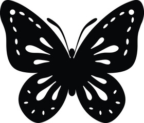  Black silhouette of a butterfly with intricate wing patterns.