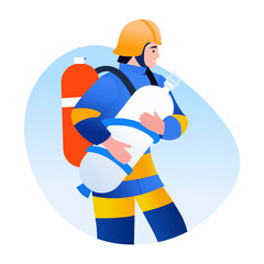 A flat style illustration of a fireman carrying oxygen 