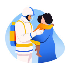 A flat style illustration showing a fireman comforting a child