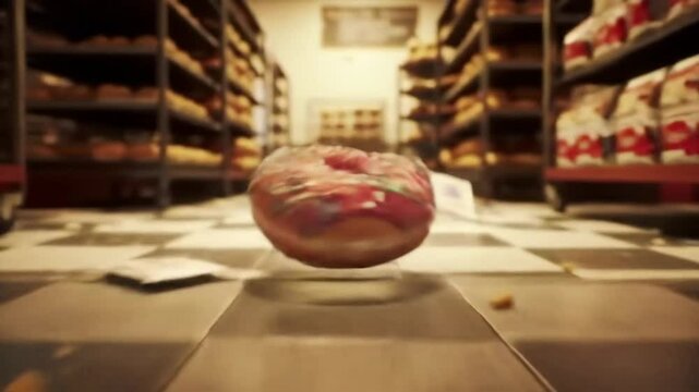 Playful Frosted Donut Rolls Through Bakery Aisle Animation