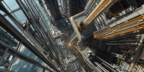 Fototapeta premium Futuristic Industrial Complex: A High-Angle Perspective of a Complex Architectural Structure