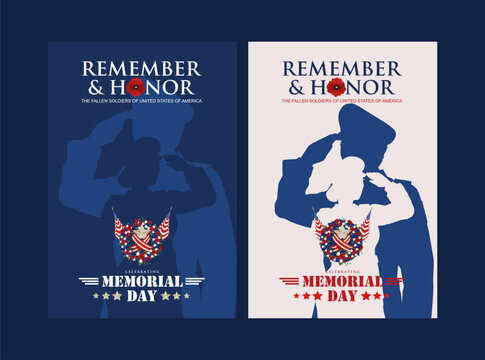 Set of Memorial Day 2025 poster design with saluting soldier silhouette, flag ribbon and poppy flower to honor the fallen soldiers. Best for U.S. Military Remembrance, Veterans and Patriot Day. 