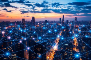 Fototapeta premium City skyline network at dusk. Connected urban infrastructure