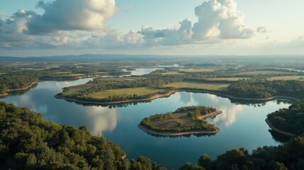 Fototapeta premium Albufera des Grau seen from above under a cloudy midday sky, revealing wetlands and surrounding natural textures.