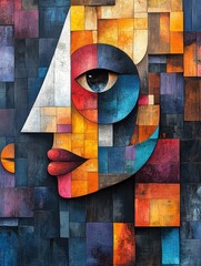Face of a beautiful woman combined with colorful geometric shapes. Contemporary art collage.