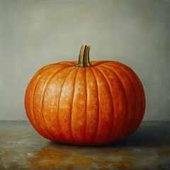 Detailed still life painting of a vibrant orange pumpkin.