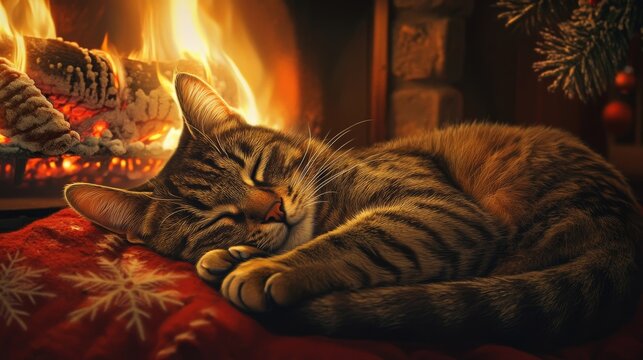 Cozy tabby cat resting by a warm fireplace.