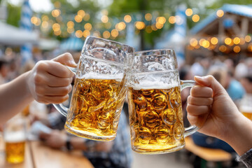 Two Hands Toasting with Beer Steins at an Outdoor Festival Enjoying Festive Drinks Together