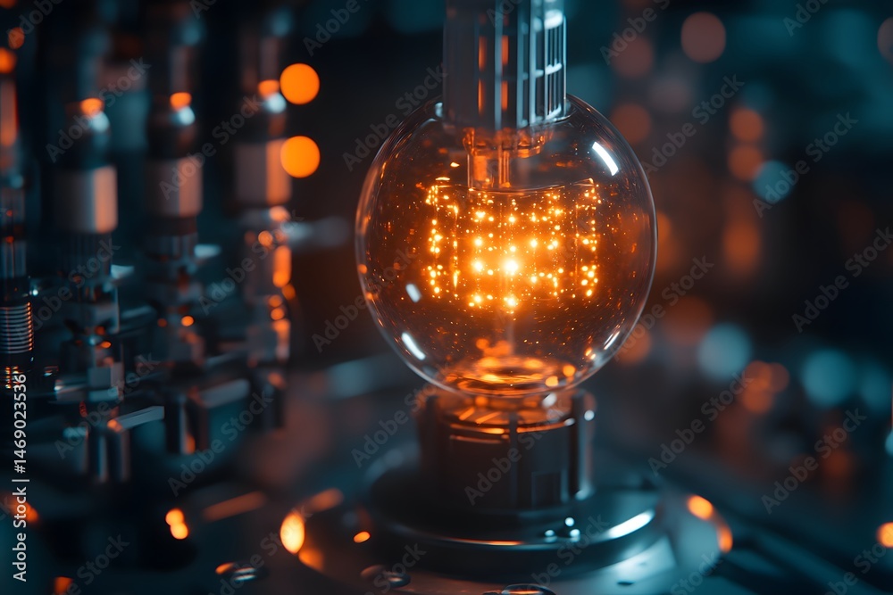 Poster illuminated futuristic tech device featuring a glowing spherical display with technological componen