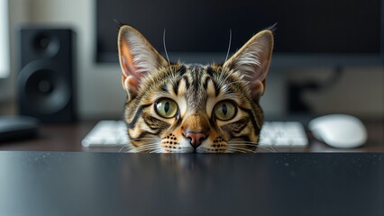 Bengal Cat Peeking Over Desk Edge