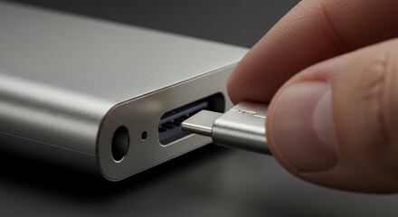 Connecting USB-C Cable to External Drive, Close-up of a Hand Plugging in a Silver USB-C Cable into a Silver External Hard Drive. Sleek Design and Modern Technology