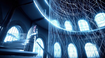 Fototapeta premium Modern industrial spiraling staircase in circular room with arched windows, web-like overhead installation, and glowing blue accen