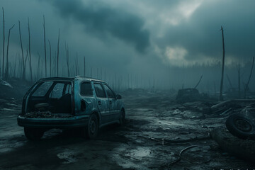 An abandoned, rusted car stands alone in a desolate, post-apocalyptic wasteland under a stormy sky. Generative AI