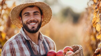 A smiling man in a straw hat holds a basket of apples.