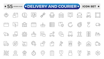 Delivery and courier icon set. Containing order tracking, delivery home, warehouse, truck, scooter, courier and cargo icons. Shipping symbol. Editable stroke outline icon. 

