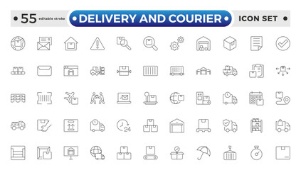 Delivery and courier icon set. Containing order tracking, delivery home, warehouse, truck, scooter, courier and cargo icons. Shipping symbol. Editable stroke outline icon. 
