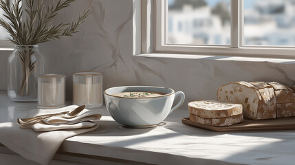Fototapeta premium Cozy Kitchen Table Set with Soup and Bread in Natural Light
