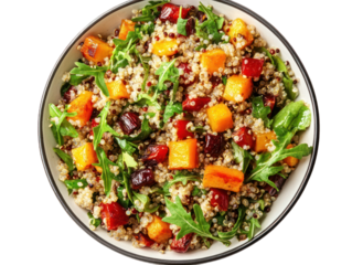 Roasted butternut squash quinoa salad with cranberries.  Healthy food bowl.  Lifestyle photography