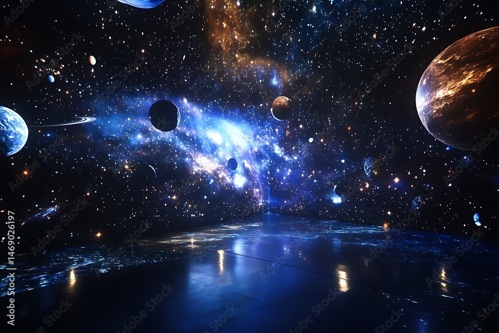 Poster an interactive space simulation projected in midair, showing slowly rotating planets and shimmering 