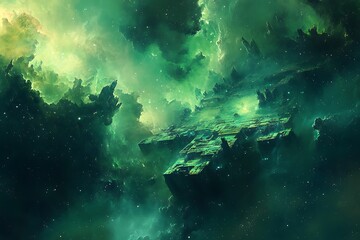 Fototapeta premium An ancient space structure floating through a vibrant green nebula filled with crystal dust
