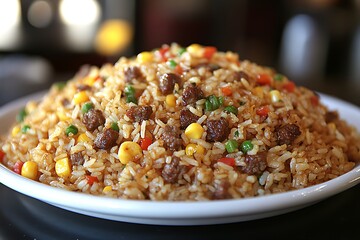 A large plate of savory fried rice with meat and vegetables.