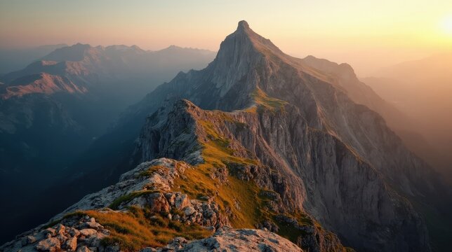 Aneto Peak at dawn with clear skies, seen from above with sunlit slopes and high-altitude terrain.