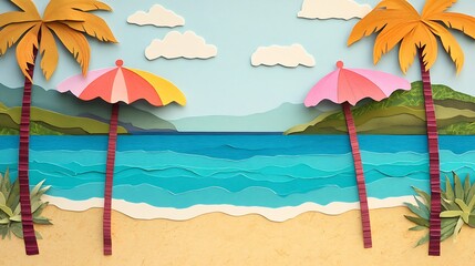 Tropical Beach Paper Art Scene.