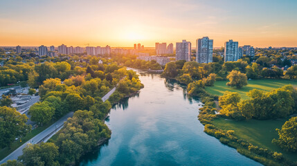 Fototapeta premium High-resolution aerial view of Kitchener, Ontario, Canada, showcasing the cityscape during late summer with vibrant greenery