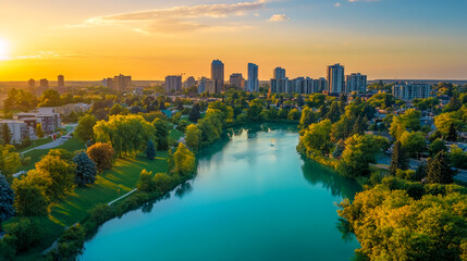 Obraz premium High-resolution aerial view of Kitchener, Ontario, Canada, showcasing the cityscape during late summer with vibrant greenery