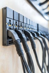 Close-up of Power Cables and Outlets on Wall for Electrical Use