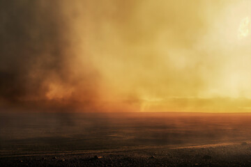 A golden and mysterious landscape with a subtle texture, under a cloudy and atmospheric sky. Generative AI
