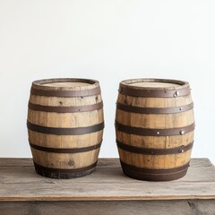 Obraz premium Rustic wooden barrels on table, studio backdrop
