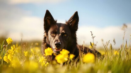 Black Dog Relaxing in a Vibrant Yellow Flower Field Under Blue Sky