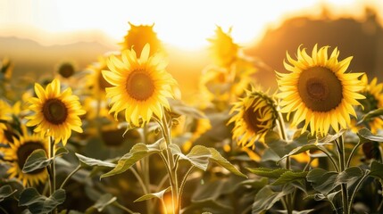 Obraz premium Vibrant Sunflowers in Bloom Against Golden Sunrise Sky