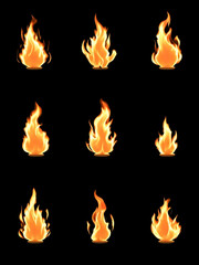 Fire Flames Set on Black Background