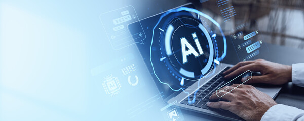 Futuristic AI interface with hologram elements over laptop keyboard in action.