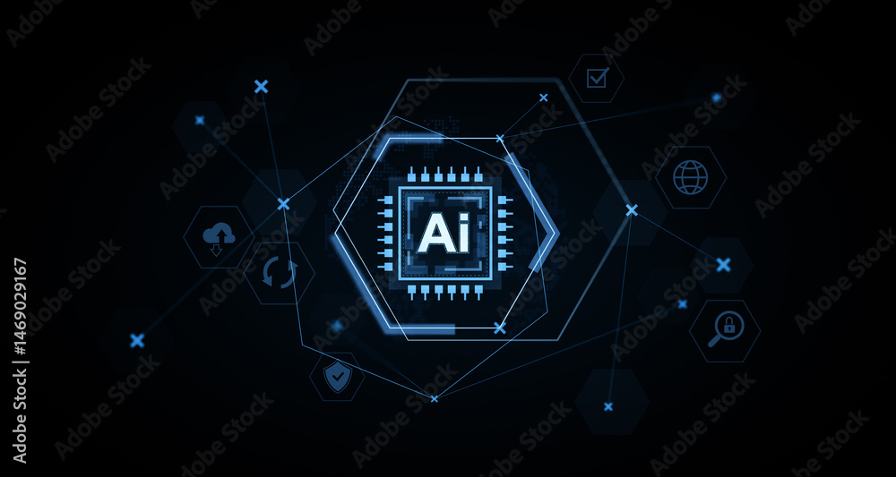 Aufkleber futuristic ai microchip with glowing circuits and digital icons on dark tech background symbolizing 