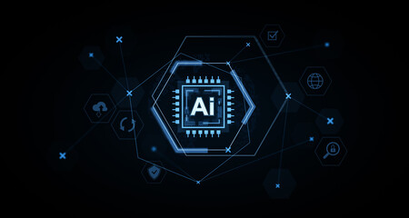 Futuristic AI microchip with glowing circuits and digital icons on dark tech background symbolizing artificial intelligence and machine learning network. 3D Rendering