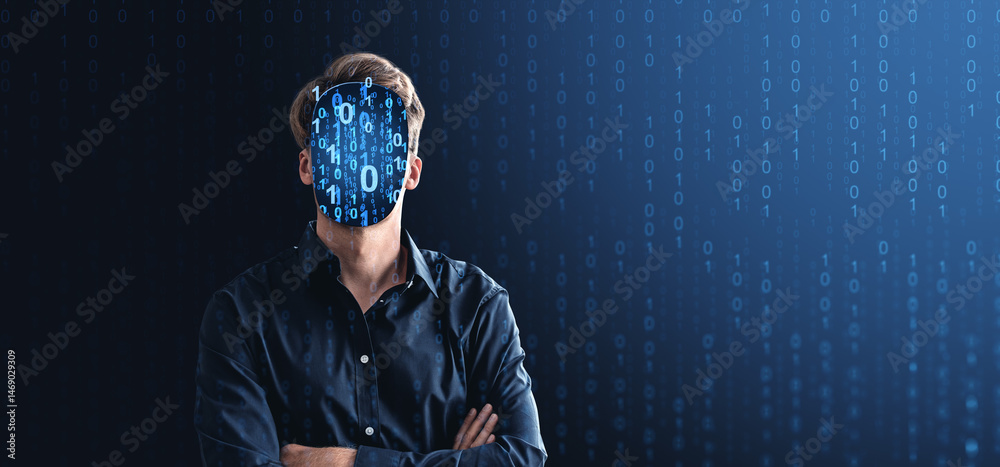 Poster man with binary code digital face in dark shirt standing in fron