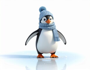 Obraz premium A cute penguin wearing a gray hat and scarf walks in the snow 3D cartoon