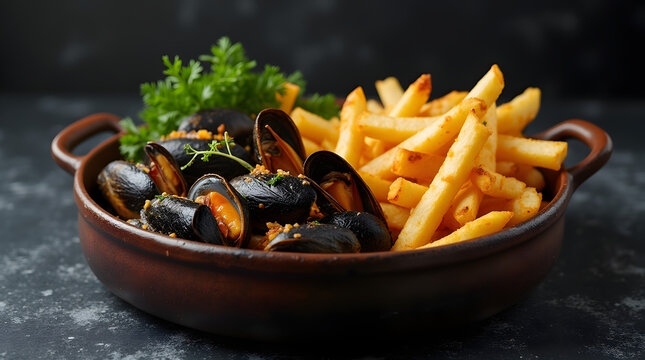 moules et frites dans plat en terre cuite